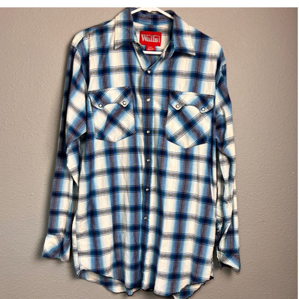 Walls Mens Blue White Plaid Western Pearl Snap Long Sleeve‎ Cotton Shirt Small